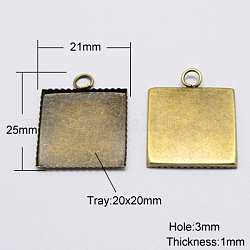 Iron Pendant Cabochon Settings, Antique Bronze, 25x21x1mm, Hole: 3mm, Square Tray: 20x20mm