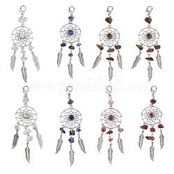 SUPERFINDINGS Woven Net/Web with Feather Pendant Decoration, with Gemstone Beads, Lobster Clasp Charms, Clip-on Charms, for Keychain, Purse, Backpack Ornament, Stitch Marker, 107mm, 8pcs/box