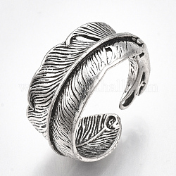 Сплав манжеты кольца пальцев, широкая полоса кольца, перо, античное серебро, Размер 9, 19 мм