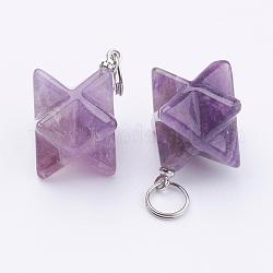 Natural Amethyst Pendants, with 201 Stainless Steel Split Rings, Stainless Steel Color, Merkaba Star, 23~24x17~17.5x20mm, Hole: 6mm