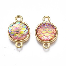 Alloy Resin Links connectors, Flat Round with Mermaid Fish Scale Shaped, Light Gold, Pink, 18.5x11x4.5mm, Hole: 1.8mm