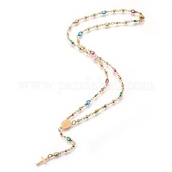 304 Stainless Steel Rosary Bead Necklaces, with Enamel Evil Eye, Oval with Virgin Mary, Golden, 18.34 inch(46.6cm)