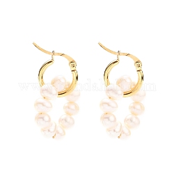 304 Stainless Steel Hoop Earrings, with Natural Cultured Freshwater Pearl Woven Linking Rings, Golden, White, 32mm, Pin: 0.7x1mm