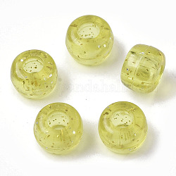 Perles européennes en plastique, Perles avec un grand trou   , avec de la poudre de paillettes, rondelle, jaune vert, 9x6mm, Trou: 4mm, environ 1330 pcs/350 g