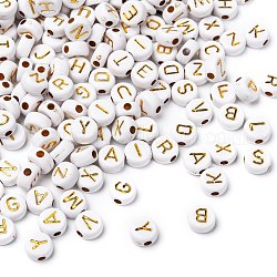 Perles acryliques plaquées, pour la fabrication de bracelets et de bijoux, métal enlacée, trou horizontal, mélange de lettres, plat rond, plaqué or, 7x4mm, Trou: 1.8mm, environ 3650 pcs/500 g