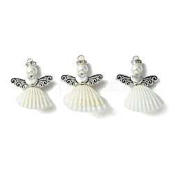 Pendenti della lega spirale shell, ciondoli a forma di angelo con perle rotonde di conchiglia, bianco crema, 30~33.5x23.5~24x9.5~10mm, Foro: 2.5 mm