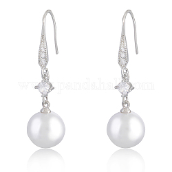 Pendientes de perlas con circonio cúbico, pendientes de gancho colgantes de perla de concha de agua dulce blanca, pendientes de aro con forma de bola redonda, regalo de joyería de latón para mujer, blanco, 42.5x11.5mm, pin: 0.8 mm