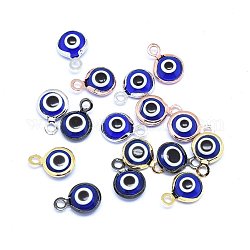 Breloques vernissées de mauvais œil manuelles, avec les accessoires en laiton, plat rond, bleu, couleur mixte, 10x6.5x3mm, Trou: 1.5mm