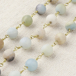 Chaînes de perles d'amazonite de fleurs naturelles faites à la main pour la fabrication de colliers de bracelets, non soudée, avec bobine, Accessoires en laiton, sans nickel, brut (non plaqué), mat, 6mm, lien: 13~14x6.5 mm, environ 16.4 pied (5 m)/rouleau