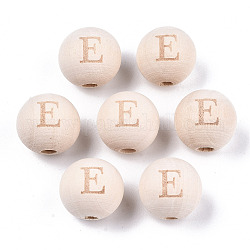 Unvollendete europäische Perlen aus Naturholz, Großloch perlen, Lasergravurmuster, Runde mit Wort, letter.e, 15~16x14~15 mm, Bohrung: 4 mm