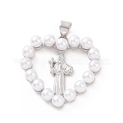 Brass with ABS Plastic Imitation Pearl Pendants, Heart with Priest Charm, Platinum, 25.5x25x5mm, Hole: 3.5x5mm