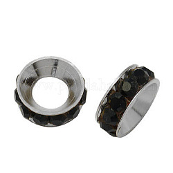 Perline distanziatori strass in ottone, grado a, rondelle, colore metallico platino, jet, 7x3.3mm, Foro: 3.5 mm