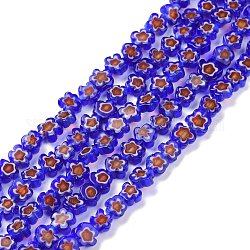 Chapelets de perle de millefiori en verre manuelles, fleur, bleu moyen, 5.5~8x2.5mm, Trou: 1mm, Environ 64~67 pcs/chapelet, 15.75 pouce ~ 16.34 pouces (40~41.5 cm)