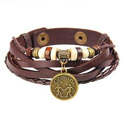 12 bracelets constellation, cordon en cuir avec les accessoires en laiton, plat rond, gemini, 8-5/8 pouce (22 cm)