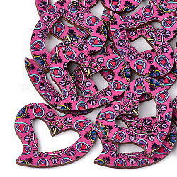 Printed Basswood Pendants, Back Random Color, Heart, Hot Pink, 33.5x39.5x3mm, Hole: 1.4mm