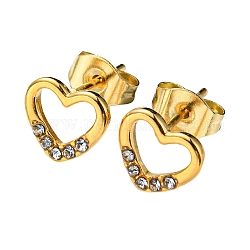 Vacuum Plating 304 Stainless Steel Stud Earrings with Rhinestone for Women, Heart, Golden, 7x8mm