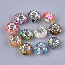 Harz europäischen Perlen, Großloch perlen, mit versilberten Messingkernen, Rondell, Mischfarbe, 14x8.5~9 mm, Bohrung: 5 mm