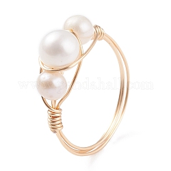 Copper Wire Wrapped Natural Cultured Freshwater Pearl Braided Bead Rings for Women, Light Gold, US Size 8 1/2(18.5mm), 2mm