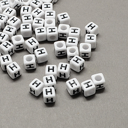 Large Hole Acrylic Letter European Beads, Horizontal Hole, White & Black, Cube with Letter.H, 10x10x10mm, Hole: 4mm