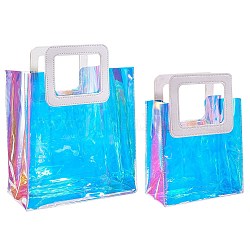Sac transparent de laser de PVC, sac à main, avec poignées en cuir pu, pour cadeau ou emballage cadeau, rectangle, blanc, produit fini: 25.5~32x18~25x10~15cm, 2 pièces / kit