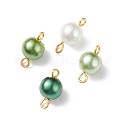 Ciondoli per connettore in vetro imitazione perla, con doppio anello di ferro placcato oro, tondo, lime, 14x7.5mm, Foro: 1.8 mm e 2.5 mm