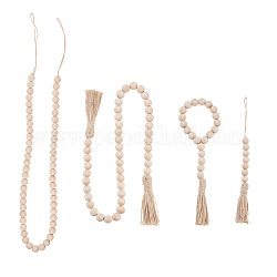 Guirlandes de perles de bois de pin, avec des glands de corde de chanvre, Tenture murale chaîne de perles en bois, pour la décoration intérieure, amande blanchie, 4 pièces / kit
