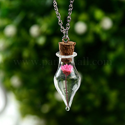 Fleur séchée à l'intérieur de colliers pendentif bouteille de souhait en verre, bijoux en alliage de platine pour femmes, fuchsia, 18.90 pouce (48 cm)
