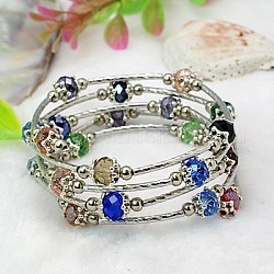 Fashion Wrap Bracelets, with Rondelle Glass Beads, Tibetan Style Bead Caps, Brass Tube Beads and Steel Memory Wire, Colorful, Inner Diameter: 55mm