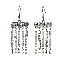 304 Stainless Steel Flower Chandelier Earrings, Glass Beaded Tassel Earrings, Antique Silver, 61x25mm