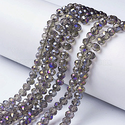 Placcare trasparente perle di vetro fili, mezzo arcobaleno placcato, sfaccettato, rondelle, grigio scuro, 6x5mm, Foro: 1 mm, circa 85~88pcs/filo, 16.1~16.5 pollice (41~42 cm)