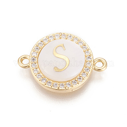 Brass Micro Pave Cubic Zirconia Links, with Shell, Long-Lasting Plated, Lead Free & Cadmium Free & Nickel Free, Real 18K Gold Plated, Flat Round with Letter, Clear, Letter.S, 13.5x18.5x4.5mm, Hole: 1.4mm