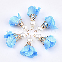 Iron Pendants, with Cloth and ABS Plastic Imitation Pearl, Flower, Golden, Deep Sky Blue, 25~32x15~25mm, Hole: 1~4mm