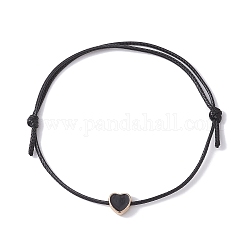 Bracelet de perles tressées en forme de cœur en alliage et émail, bracelet réglable cordons polyester ciré, noir, diamètre intérieur: 3-1/2 pouce (9 cm)