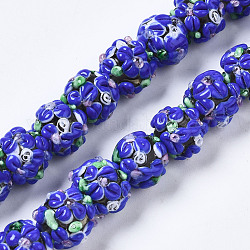 Chapelets de perles vernissées manuelles, cahoteuse, ronde avec des fleurs, bleu royal, 12~13x11~12mm, Trou: 1mm, Environ 45 pcs/chapelet, 19.29 pouce (49 cm)