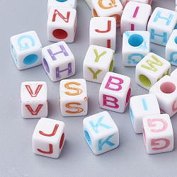 Craft Style Acrylic Beads, Horizontal Hole, Cube with Initial Letter, Mixed Color, 7x7x7mm, Hole: 3.5mm, about 1950pcs/500g