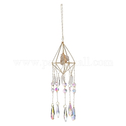 Quartz Crystal Tassels Pendant Decorations, with Glass Beads and Iron Macrame Pouch Cage, Rhombus, Golden, 397mm