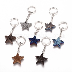 Porte-clés en quartz druzy teint naturel galvanisé, avec les accessoires en fer, étoiles du nord, grade AB, platine, couleur mixte, 83~85mm