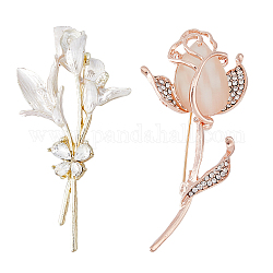 HOBBIESAY 2Pcs 2 Style Crystal Rhinestone Flower Brooch Pins with Cat Eye, Alloy Badge for Backpack Clothes, Mixed Color, 61~66x31~32x5~7.5mm, 1Pc/style