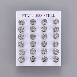 Aretes de diamante de imitación de 304 acero inoxidable, con orejeras / pendiente, plano y redondo, color acero inoxidable, 8mm, pin: 0.8 mm, 12 pares / tarjeta