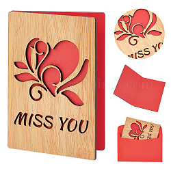 Rectangle craspire avec motif cartes de vœux en bois, avec du papier rouge à l'intérieur, avec des enveloppes rectangulaires en papier vierge, motif de coeur, carte de voeux en bois : 1pc, enveloppes : 1pc
