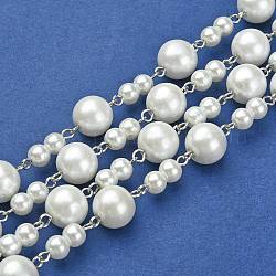 Chaînes en perles de verre rondes manuelles pour fabrication de bracelets et colliers, avec épingle à oeil en fer, non soudée, platine, blanc, 39.3 pouce