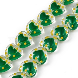 Fili di perline murano fatto a mano, con smalto, cuore, verde, 12x12.5x7mm, Foro: 1 mm, circa 30pcs/filo, 13.39 pollice (34 cm)