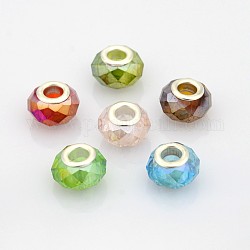 Цвет AB покрытием стекло европейские шарики, бусины с большими отверстиями в форме шайбы, с латунными ярдами серебянного цвета , граненые, разноцветные, 14x9 мм, отверстие : 5 мм