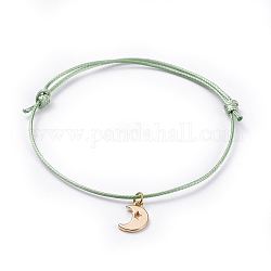 Bracelets de cordon, avec cordon en polyester ciré coréen écologique et breloques en laiton, lune, or, vert de mer foncé, 2-1/2 pouce ~ 3-3/8 pouces (6.5~8.6 cm)