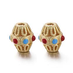 Matte Gold Color Brass Hollow Beads, with Enamel, Long-Lasting Plated, Bicone, Red, 10x9~10mm, Hole: 2mm