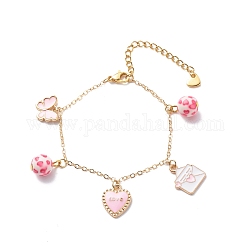 Mot amour coeur papillon alliage émail bracelet à breloques avec perles de résine, bijoux thème saint valentin pour femme, rose, 6-3/4 pouce (17.2 cm)