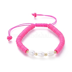 Adjustable Nylon Thread Braided Bead Bracelets, with Natural Cultured Freshwater Pearls and Handmade Polymer Clay Beads, Brass Beads, Golden, Hot Pink, 5.6~9.3cm
