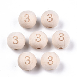 未完成の天然木ヨーロッパビーズ  大穴ビーズ  レーザー彫刻模様  数字で丸める  NUM。3  15~16x14~15mm  穴：4mm
