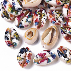 Perle di conchiglia naturale stampate, Senza Buco / undrilled, con motivo floreale, colorato, 18~25x12~15x7mm