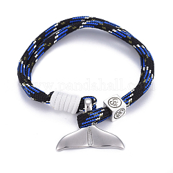 Mult-strand Bracelets, with Polyester & Spandex Cord Ropes , Alloy European Cube Beads, 304 Stainless Steel Pendants, Whale Tail Shape, Black, 7-5/8 inch(19.5cm)